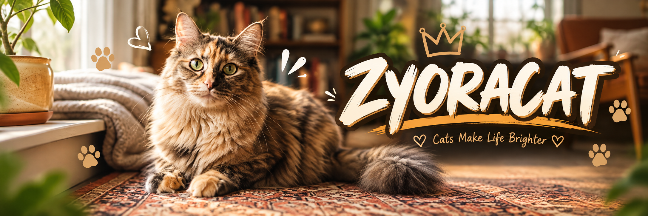ZYORACAT banner: a long-haired tortoiseshell cat on a rug with the words Cats Make Life Brighter